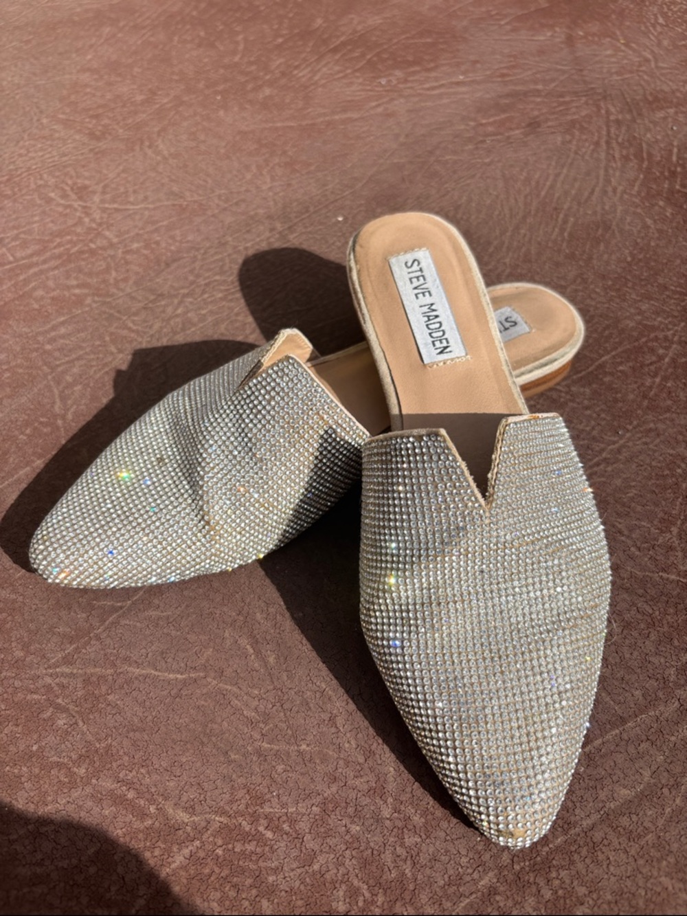 Steve Madden Crystal-Embellished Pointed Mules - Silver